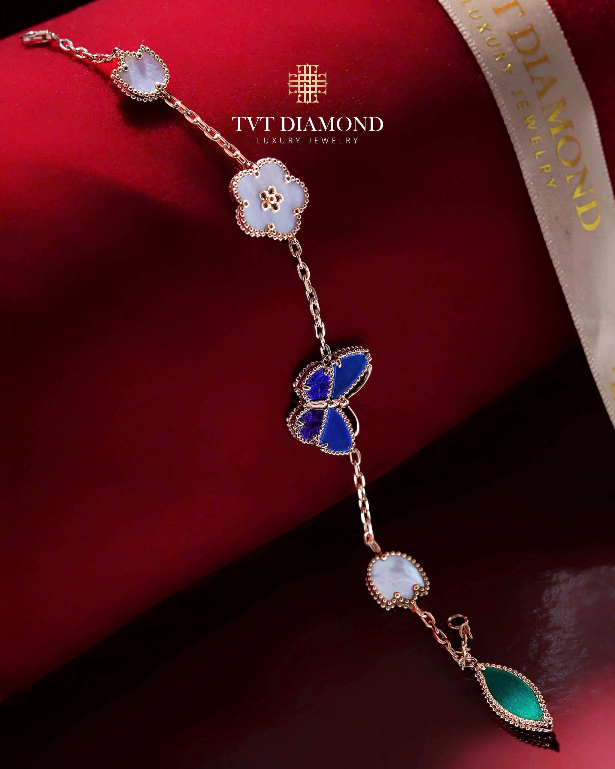 Set Van Cleef bướm hoa lá vàng hồng 3
